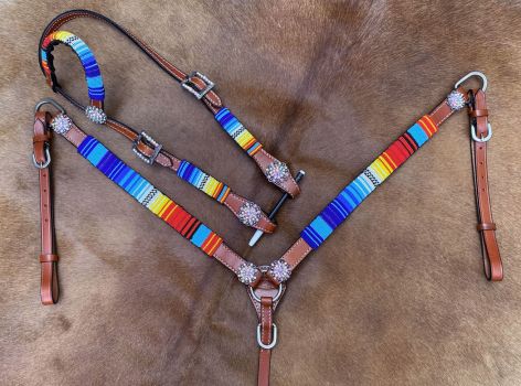 Showman 4pc. Red, Yellow and Blue beaded headstall and breast collar set with concho accents, comes with competition reins and matching wither strap #2